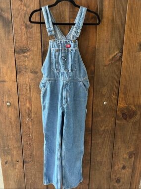 Dickies Light Blue Denim Overalls with Red Logo Accents